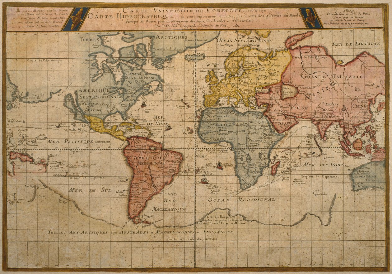 Karta som visar världshandelns sjöfartsrutter, kartografi av Pierre Duval (1619-83) publicerad 1686, Paris (färgstick) av French School
