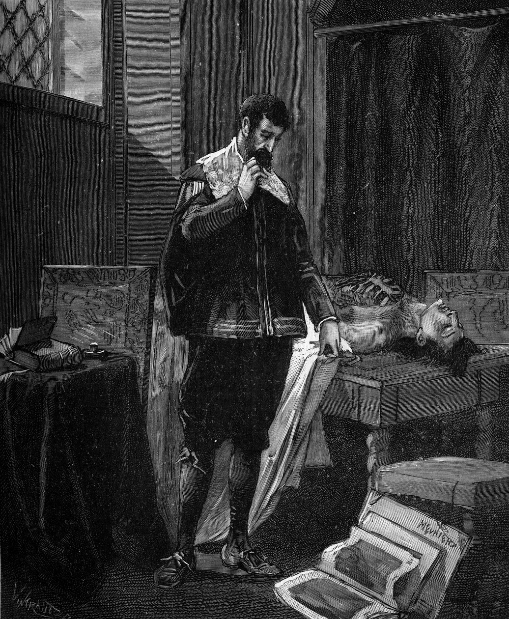 Marcello Malpighi (1628-1694), italiensk läkare och anatom som praktiserar obduktion. av French School