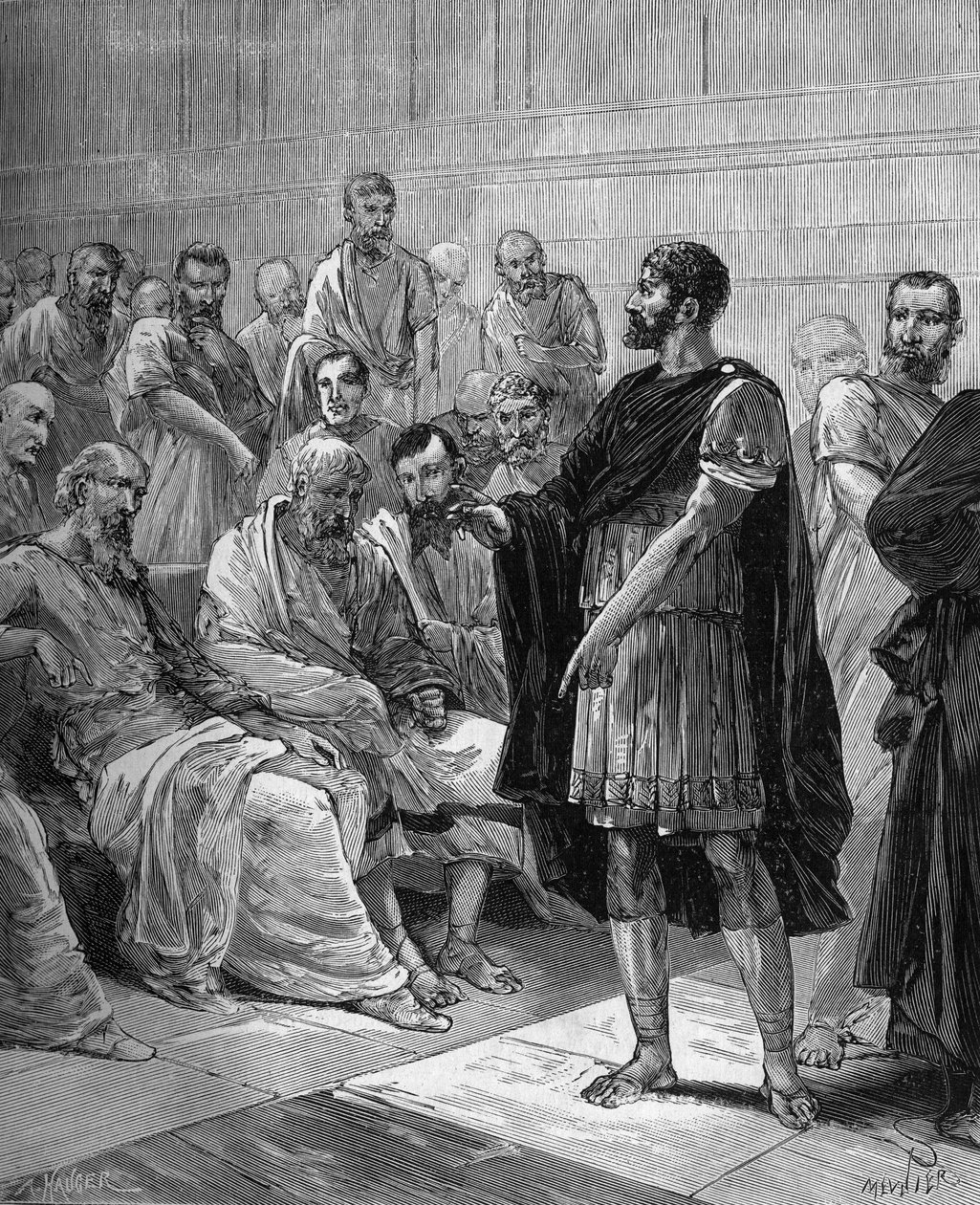 Marcus Atilius Regulus före den romerska senaten - Den romerske konsuln Marcus Atilius Regulus (cirka 256 f.Kr.) före den romerska senaten - i "Popular history of science, uppfinningar och upptäckter från de första århundradena till våra dagar" av Bitard A av French School