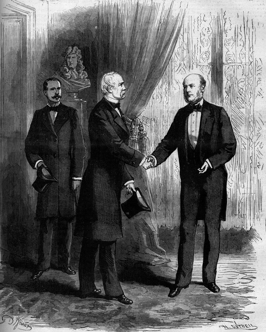 Marechal Patrice de Mac Mahon (Mac-Mahon) (1808-1893) gratulerar sin efterträdare till presidentskapet i Frankrike, Jules Grevy (1807-1892). Gravyr i "" Le Monde Illustré"" nr 1141 den 8 februari av French School