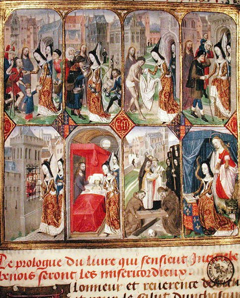 Margareta av York (d.1503) Karl den djärves tredje hustru (1433-77) hertig av Bourgogne, utför välgörenhetshandlingar, från 
