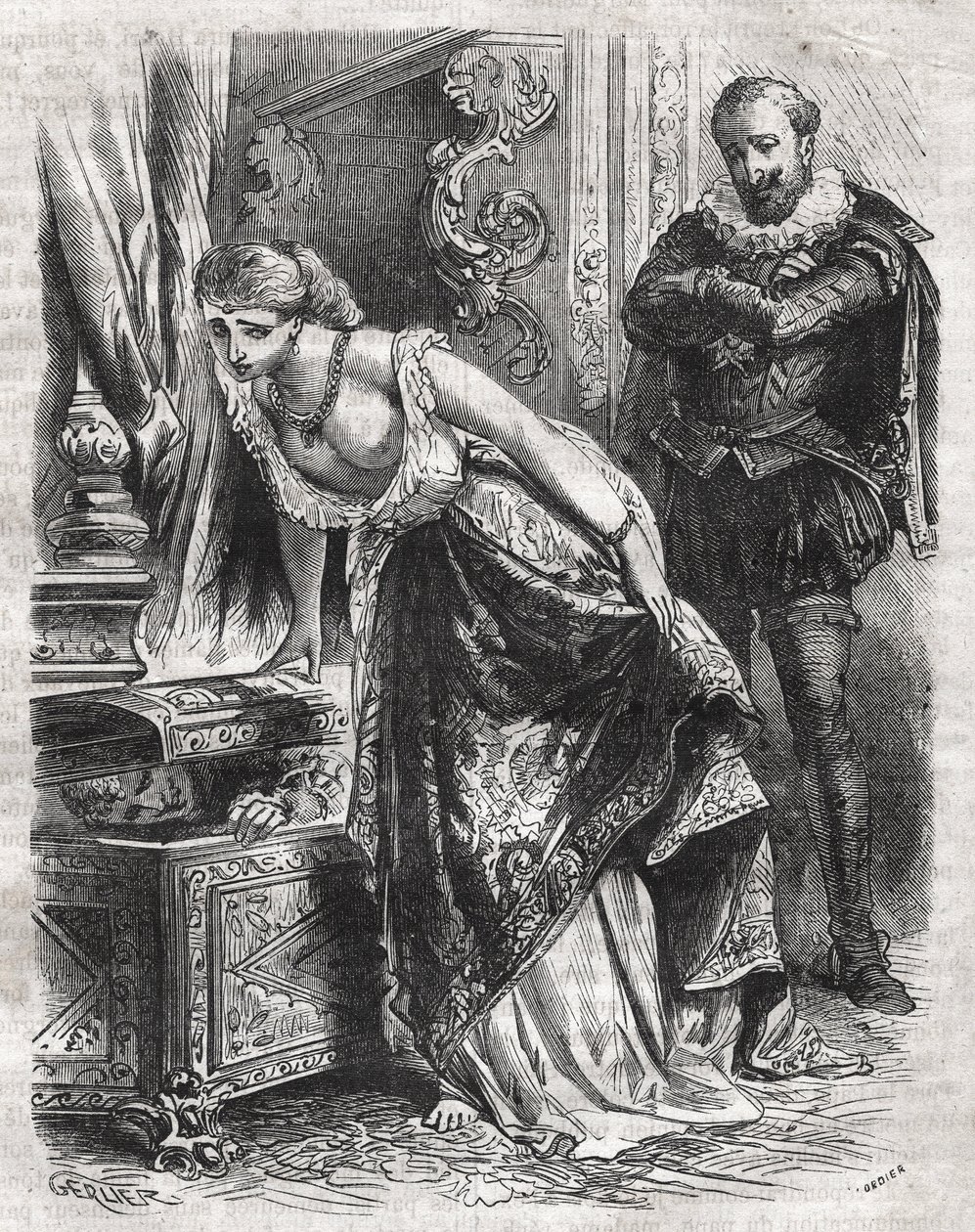 Marguerite de Valois (1553-1615), känd som drottning Margot, gömmer Julien de Leris, sin älskare, i ett kassaskåp. Hennes man, kung Henrik IV av Frankrike (1553-1610), observerar scenen med roligt. 1500-talet. Gravyr från 1871 i "Histoire Des Cocuses Celeb av French School