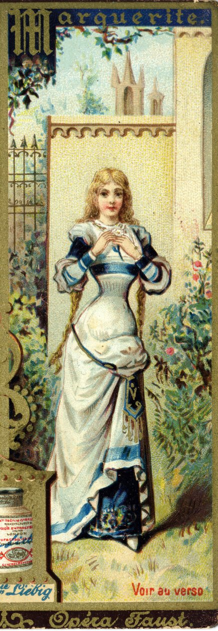 Marguerite i operan Faust av Charles Gounod skapad 1859, efter verket av Johann Wolfgang von Goethe. Alfabet av kvinnliga namn på temat: feminina kostymer och operor. Liebig reklamkromolitografi. av French School