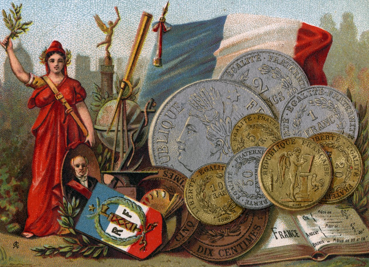 Marianne bredvid den franska Tricolore-flaggan, en jordglob och teleskop och en visning av franc, ca 1890 av French School