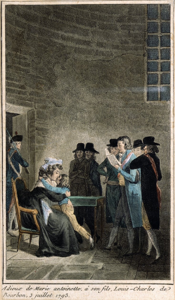 Marie-Antoinette (1755-1793) tar farväl av sin son Dauphin, Louis-Charles de Bourbon (1785-1795) vid templet, 3 juli 1793, (färgstick gjord vid tiden för restaureringen av mona) av French School