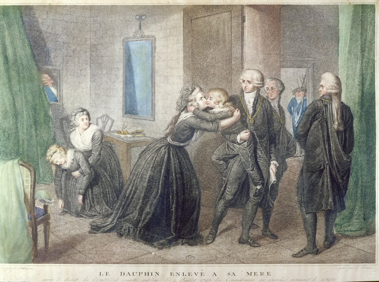 Marie-Antoinette (1755-1793) tar farväl av sin son Dauphin, Louis-Charles de Bourbon (1785-1795) vid templet, 3 juli 1793, (färgstick) av French School