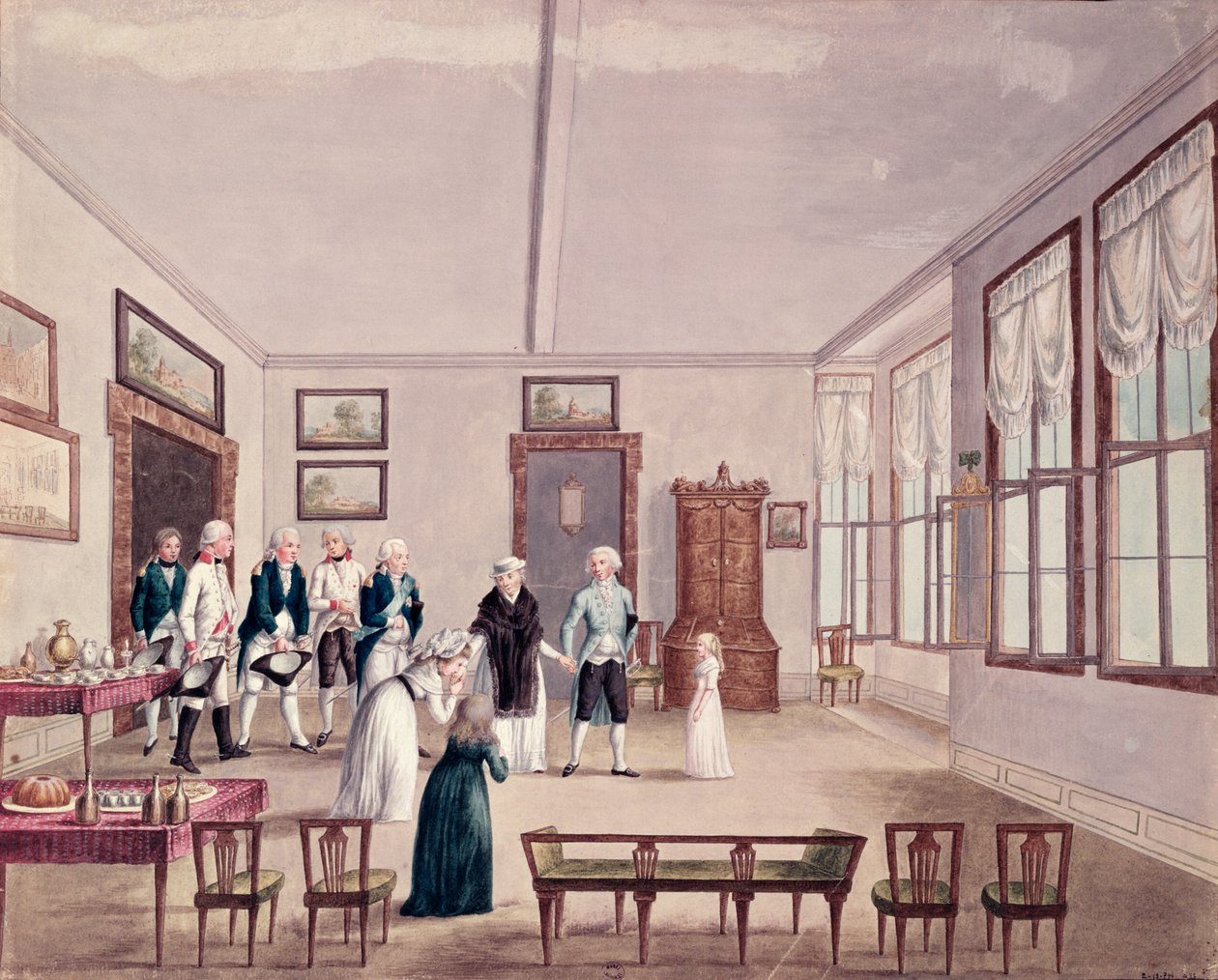 Marie-Therese-Charlotte de Bourbon, Madame Royale, träffar sina kusiner kejsar Francis II av Österrike och hans hustru Maria Teresa i Wien efter hennes frigivning 1795 från fängelset i Paris, ca 1796 (wc) av French School