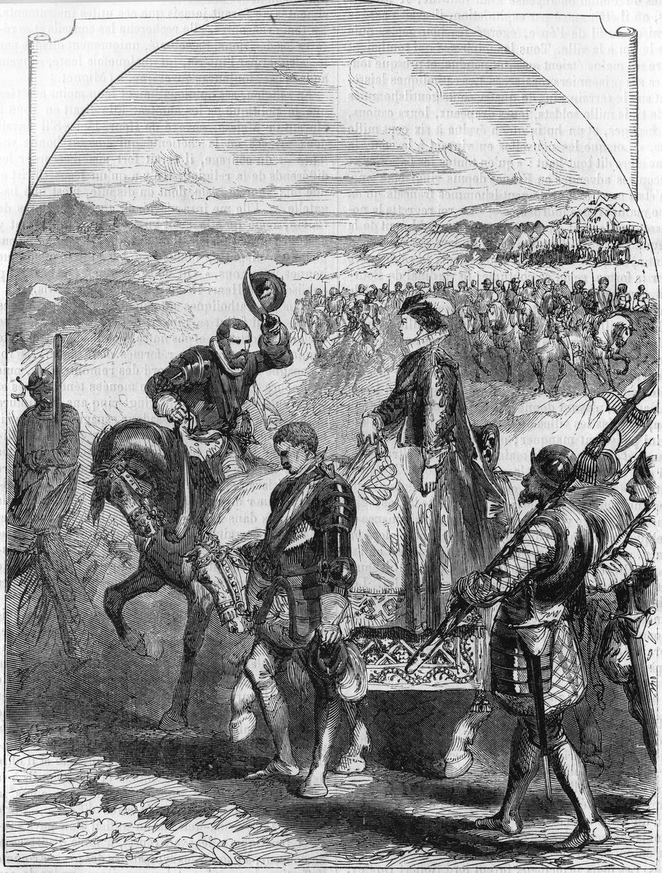Mary Stuart hänger sig åt Elizabeth 1st av England. I ""Popular History of France"", nd. ca 1885. Gravyr. av French School