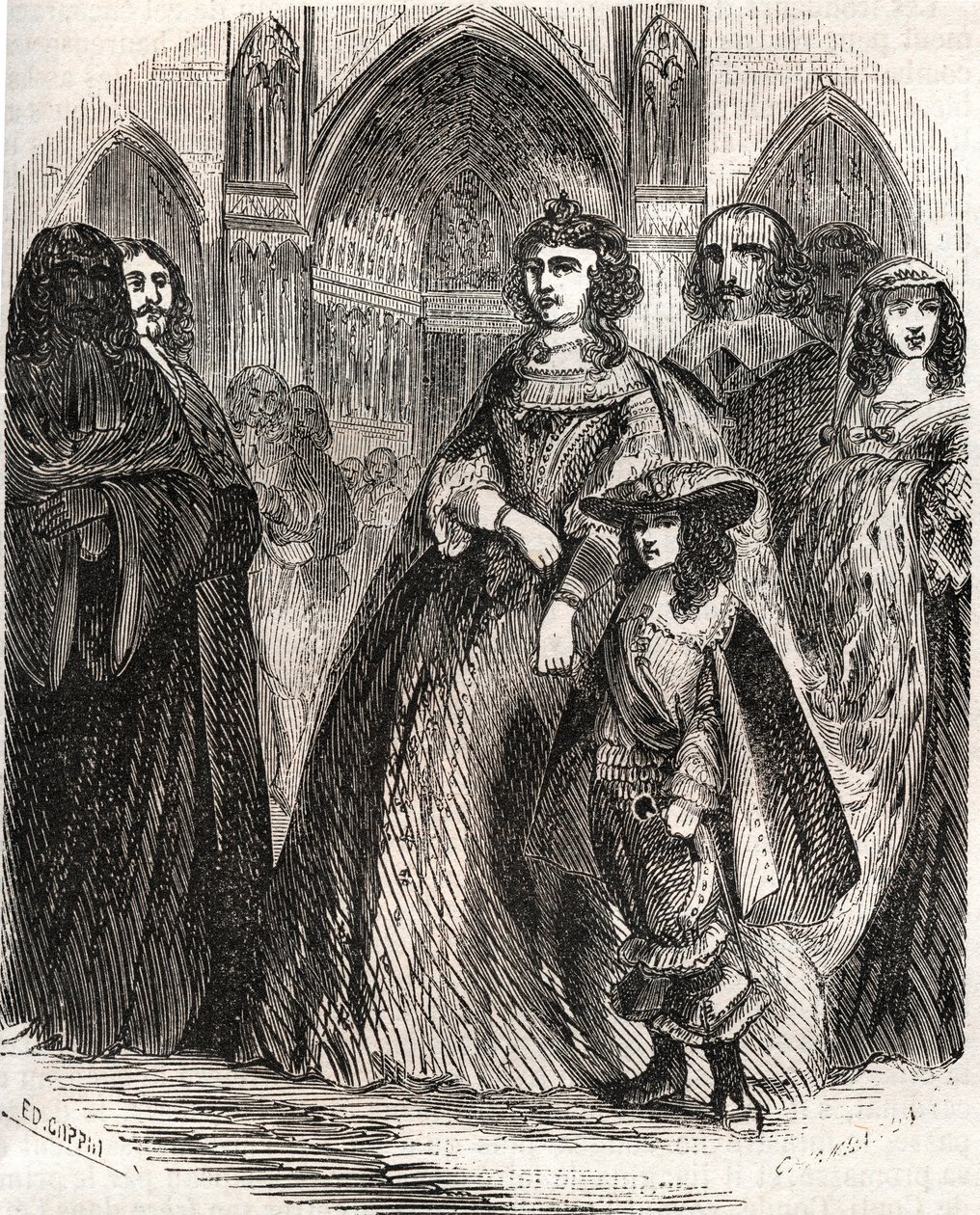 Marie de Medicis (1573-1642), Frankrikes drottning och kungarikets regent med sin son Ludvig XIII på väg till Notre-Dame de Paris - i "Histoire de France" av L.-P. Anquetil av French School