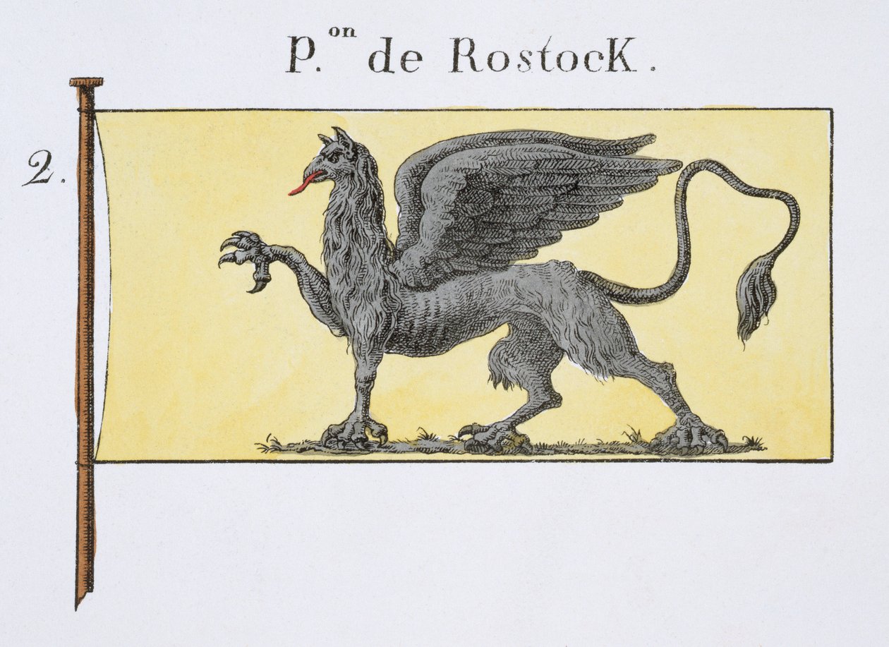 Maritim flagga med Griffin Emblem som betecknar de Rostock Crest, från en fransk flaggbok, ca 1819 av French School