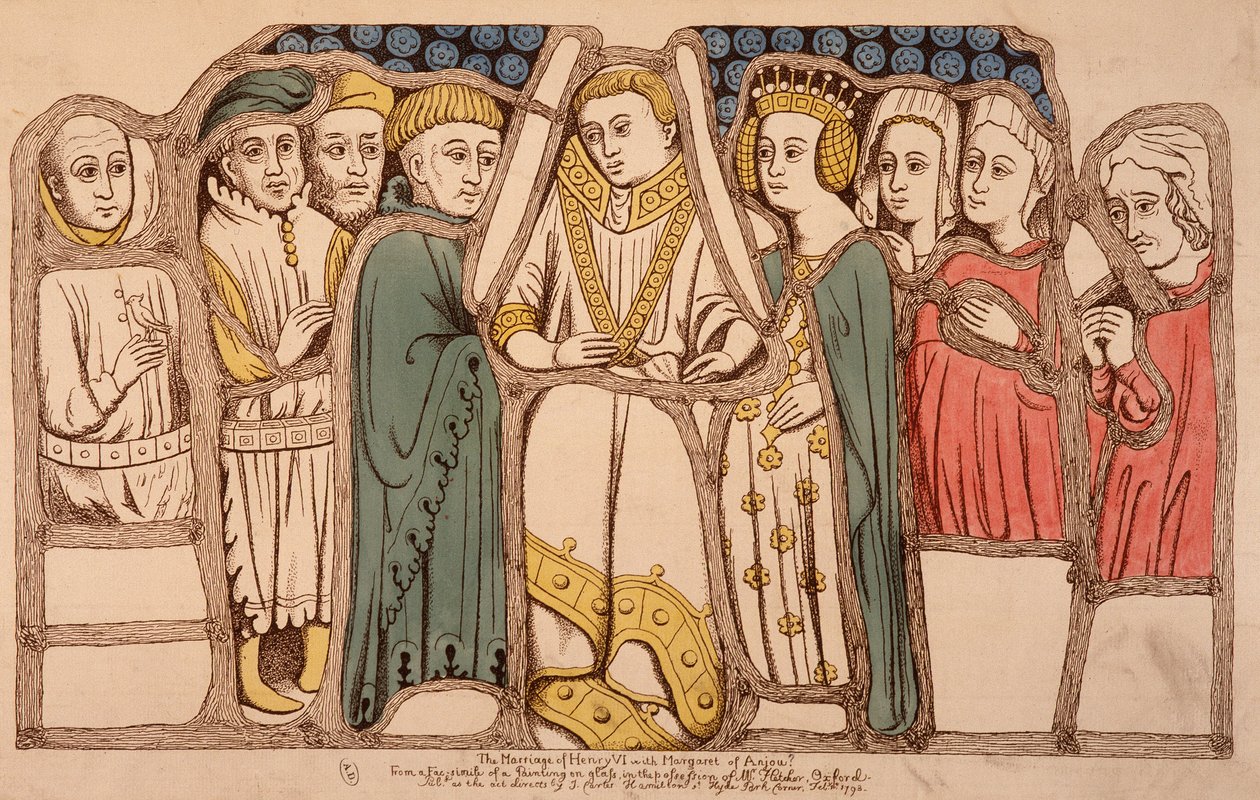 Äktenskap mellan Henrik VI av England (1421 - 1471) och Margarita av Anjou (1429 - 1482) 1445. Gravyr från 1793. Bibl. av Arts Deco i Paris. av French School
