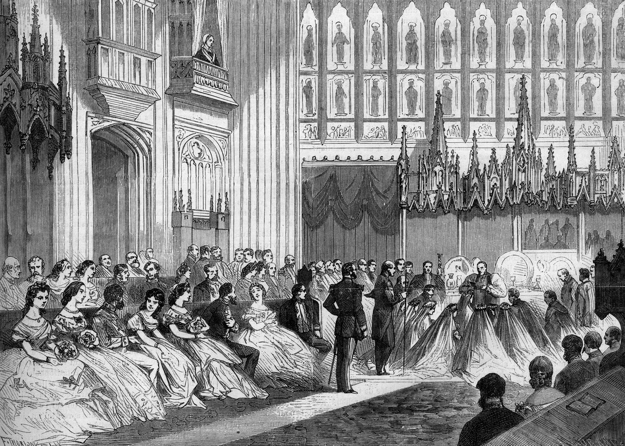 Prins av Wales (1841-1910), blivande kung av England Edward VII, bröllop med prinsessan Alexandra av Danmark (1844-1925) firades den 10 mars 1863 i Windsor, England. Gravyr i "" Le Monde Illustré"" nr 310 av 21 mars 1863. av French School