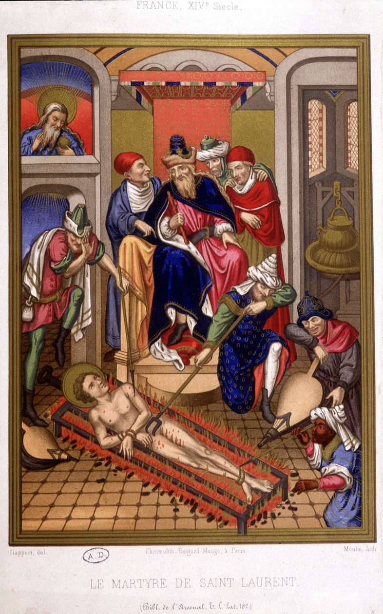 Martyrdom of Saint Laurent (grill) efter miniatyr av medeltiden, Frankrike 1300-talet. av French School