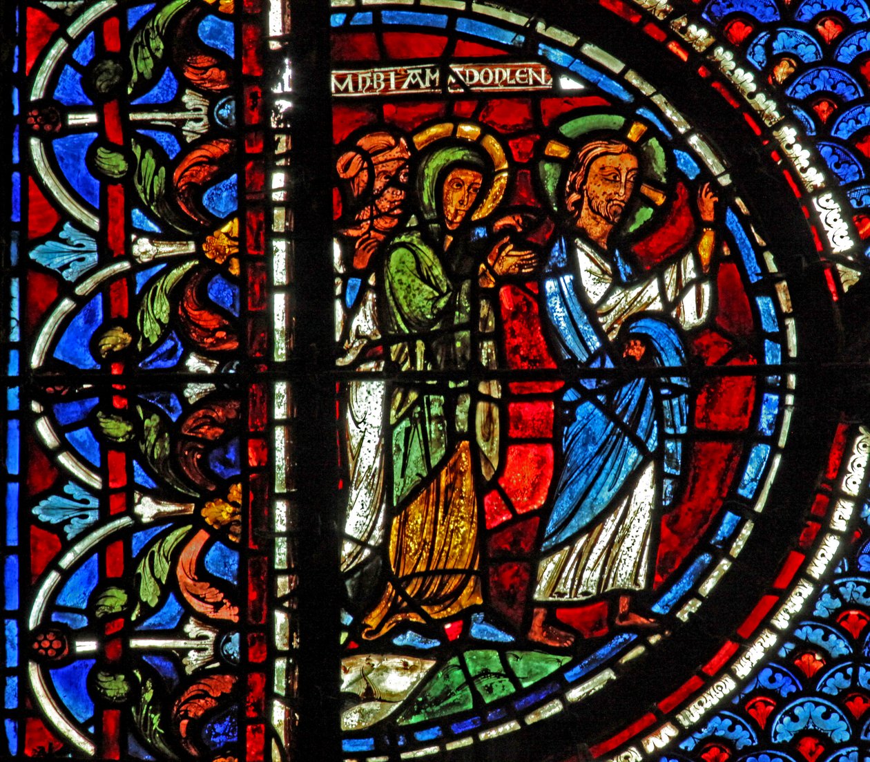 Maria Magdalenas fönster: Maria, Marta och Jesus går till Lasarus grav (w46) av French School