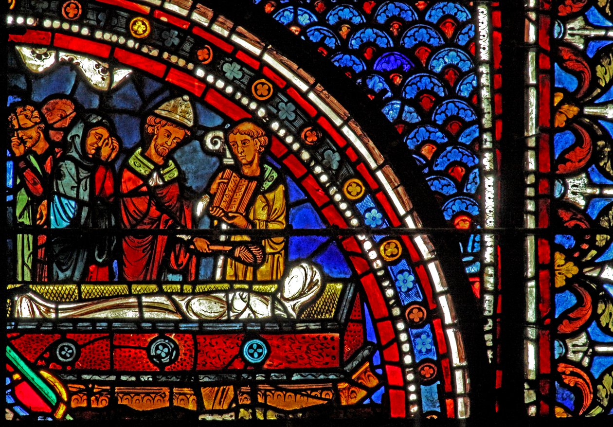 Maria Magdalenas fönster: präster vid Lasarus begravning (w46) av French School