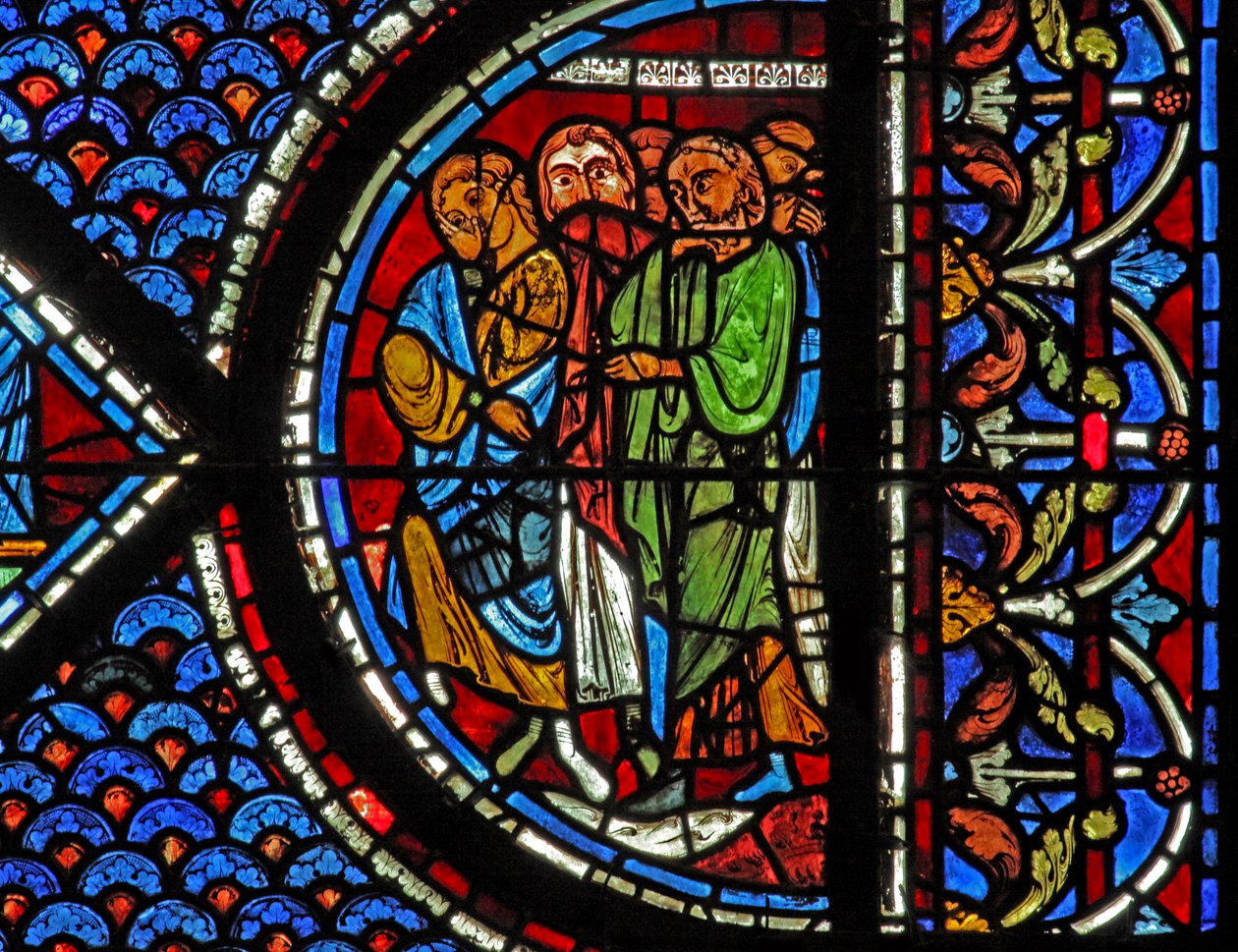 Mary Magdalena-fönstret: människor som närvarade vid uppståndelsen av Lasarus (w46) av French School