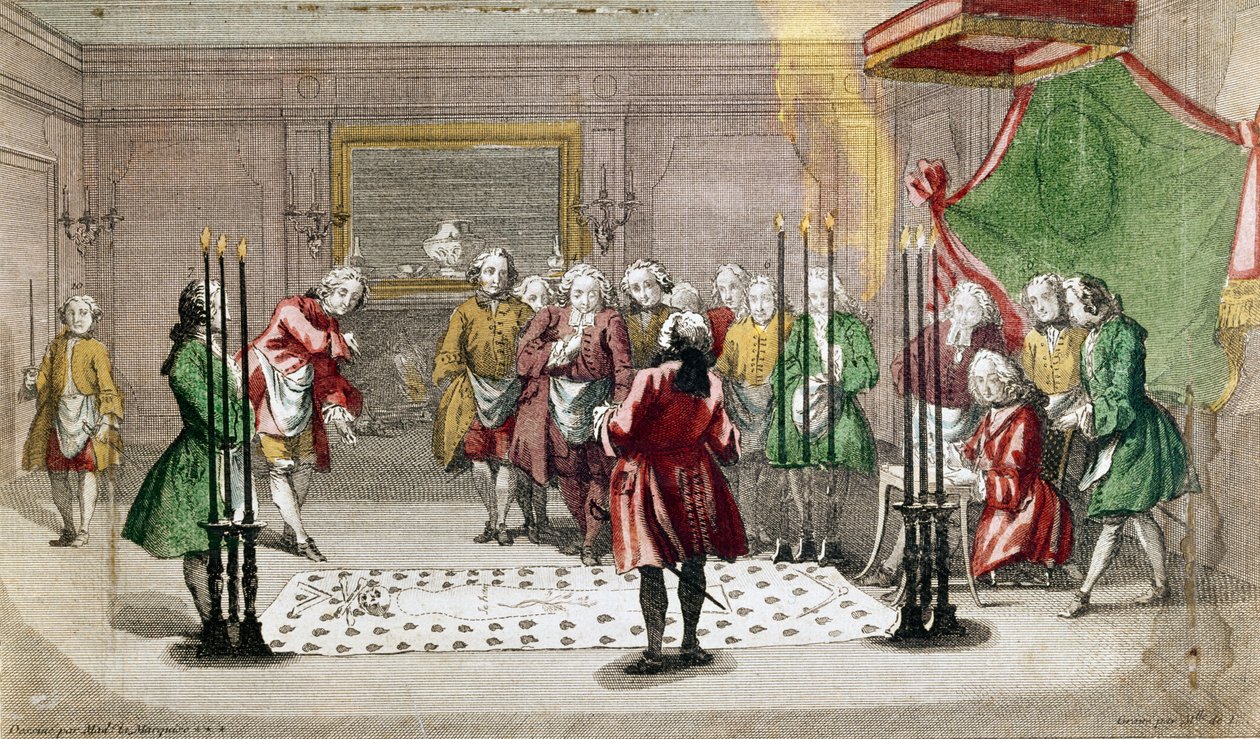 Frimurarceremoni i Frankrike (färggravyr) av French School