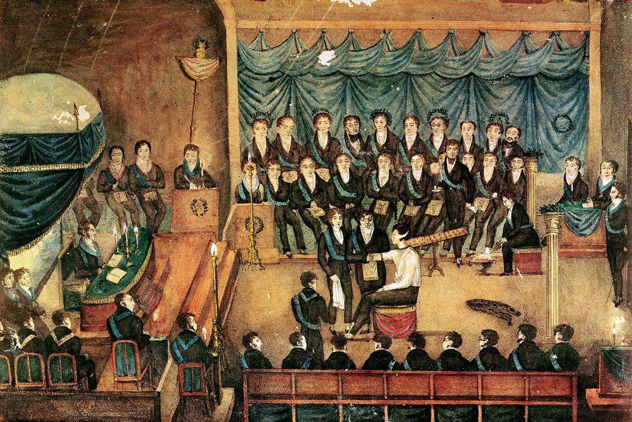 Frimurares initieringsceremoni av en manlig frimurare, tidigt 1800-tal (wc på papper) av French School