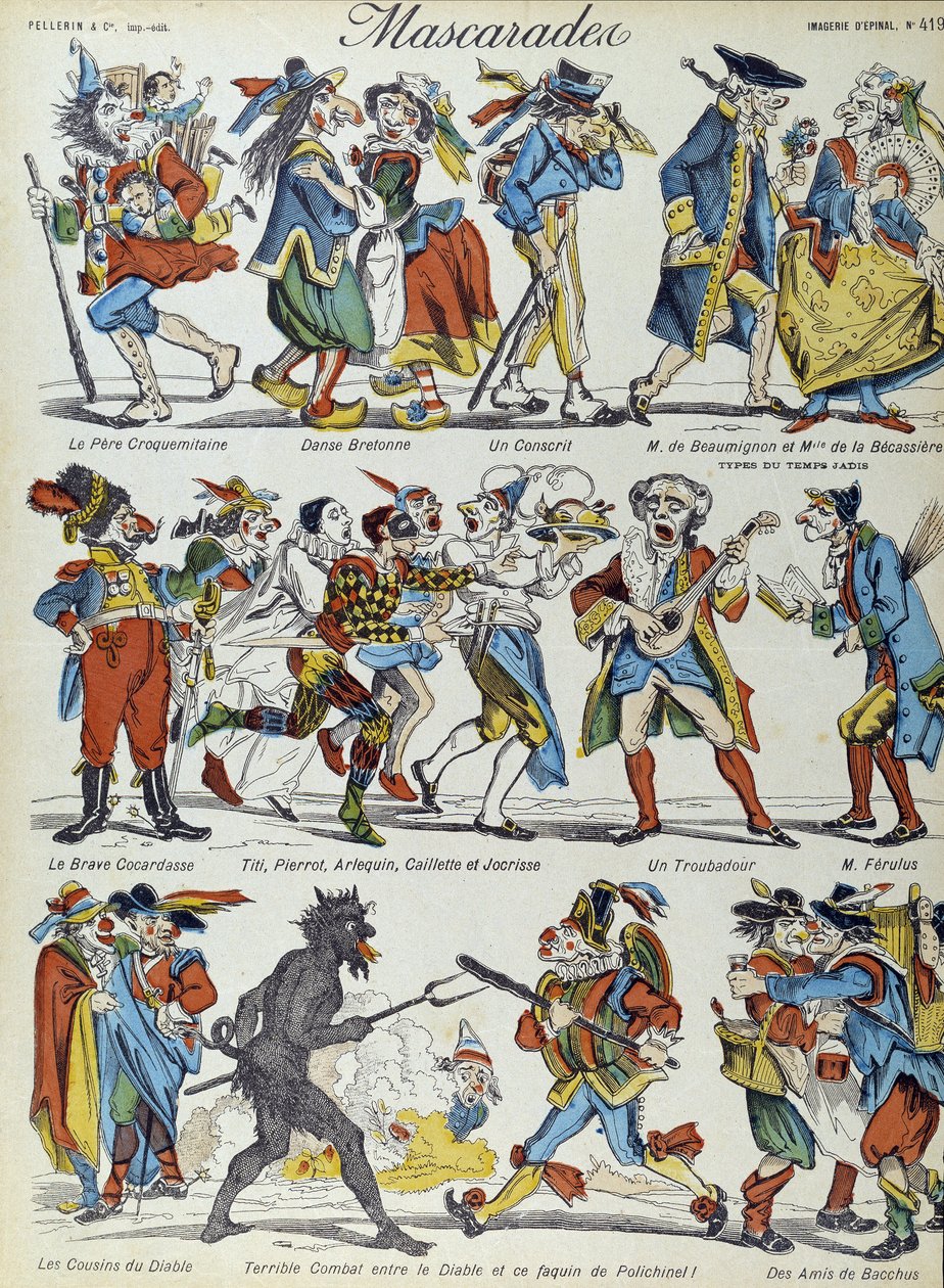 Maskerad: maskerade karikatyrfigurer - Bild av Epinal av French School