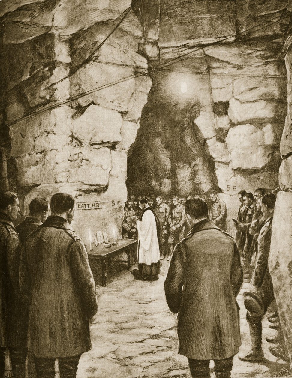 Mässan togs före strid i de franska grottorna, 1914-19 av French School