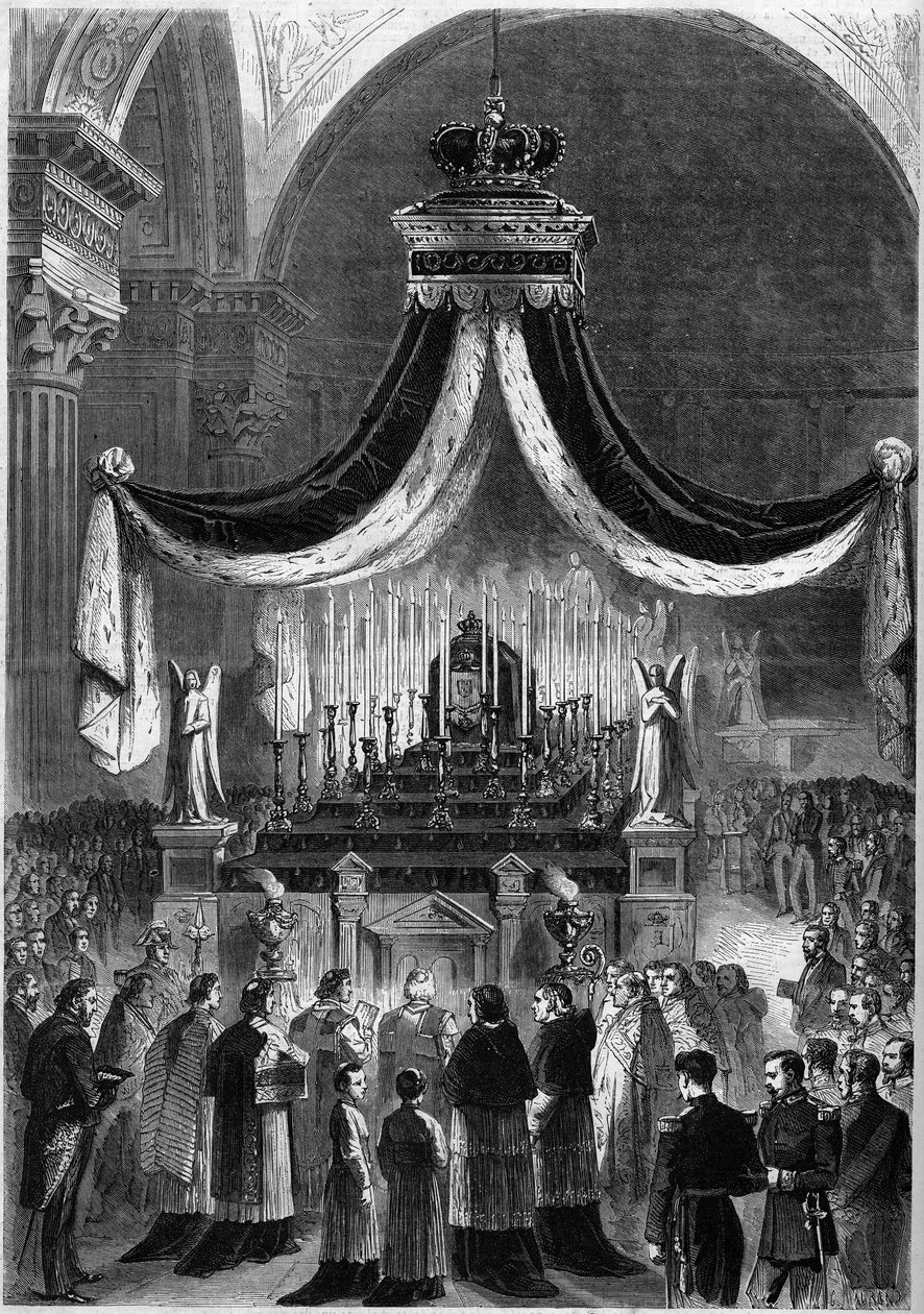 Mässa firades i Madeleine-kyrkan i Paris, den 21 november 1861, till minne av kung Peter V (Pedro V) och hans bror, Fernand (Fernando) av Portugal. Gravyr i "" Le Monde Illustré"" nr 242 den 30 november av French School