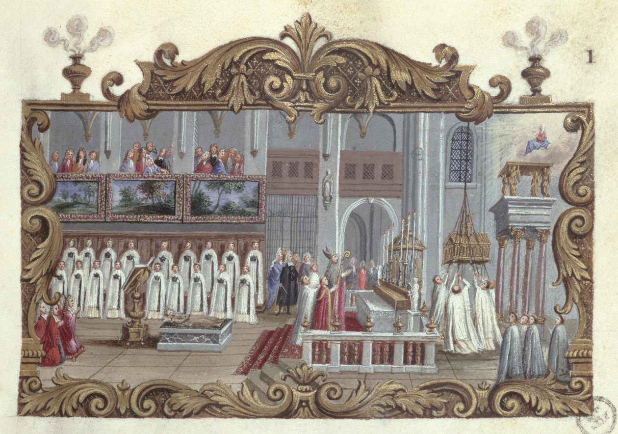 Mässa tillägnad St. Genevieve, från ett manuskript, 1709 av French School