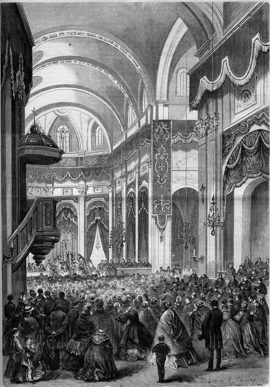 Alla helgons mässa firas i kyrkan Saint Nicolas du Chardonnet i Paris, dekorerad som Sankt Peter av Rom för helgonförklaringen av Japans martyrer. 1862. Gravyr i "" Le Monde Illustré"" nr 291 den 8 november 1862. av French School