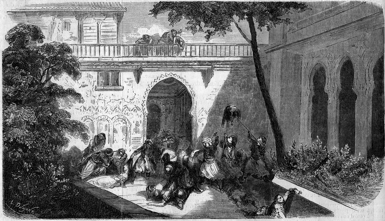 Massaker av maronitiska kristna av druser (druser) på gården till ett hus i Deir el Kamar (Deir el Kamar), Syrien av French School
