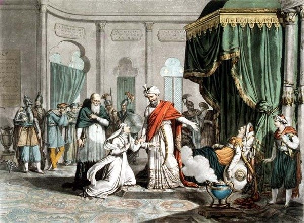 Mathilda ber Saladin om Malek-Adhels kropp, graverad av Pierre Michel Alix (1762-1817) (gravyr) av French School