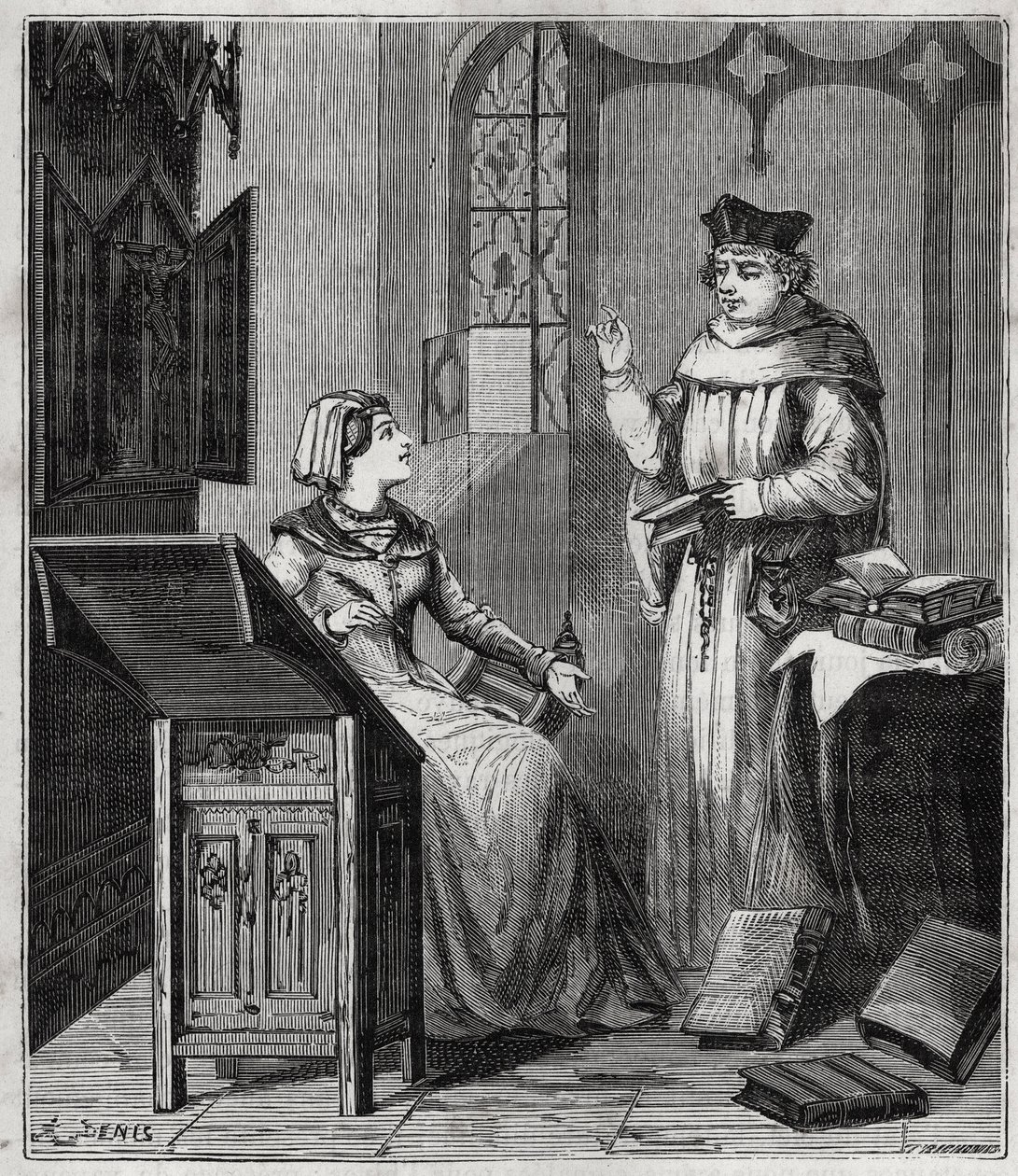 Matthieu Lansbert (Lansberg, Lansbergh, Laensberg eller Laensbergh) (1400-1500-talet) et sa niece - Gravyr i "" Vetenskaper som är tillgängliga för alla - fysik och kemi"" av Alexis Clerc - Slutet av 1800-talet - Privat samling av French School