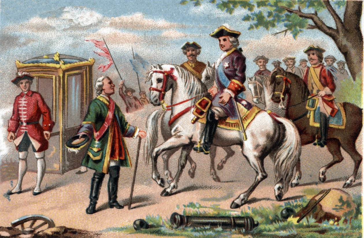 Maurice av Sachsen, marechal av Sachsen (1696-1750), segrande i slaget vid Fontenoy, mötte Ludvig XV av Frankrike (1710-1774). Kromolitografi omkring 1890. av French School