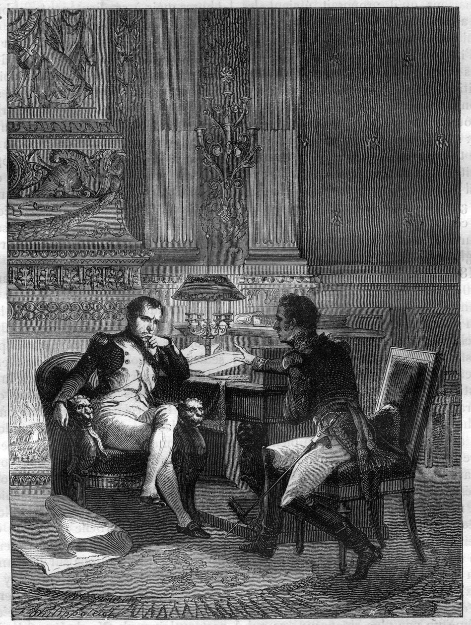 Maximilien Sebastien Foy (1775 - 1825), fransk general, rapporterar till kejsar Napoleon I om situationen vid Lines of Torres Vedras av French School