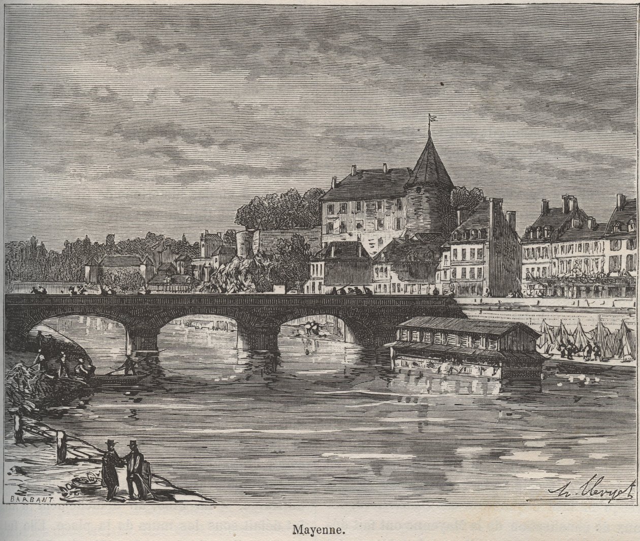 Mayenne är en kommun i västra Frankrike i regionen Pays de la Loire - gravyr i "La France illustree: geography, history, administration statistique" av V.-A. Malt-brunt. 1884 av French School