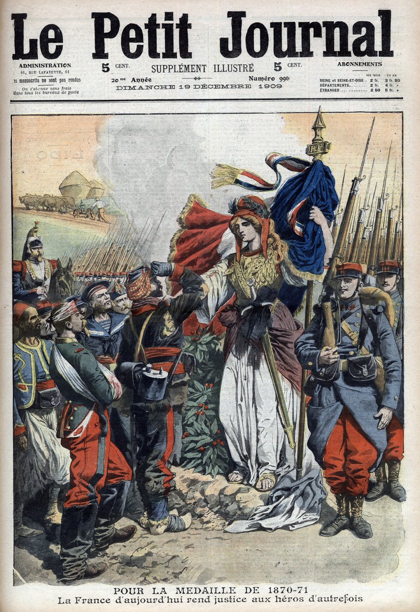 Medalj för veteraner från kriget 1870-1871: allegori om Frankrike som ger rättvisa åt det förflutnas hjältar - "Le Petit Journal" av 19 december 1909 (gravyr) av French School