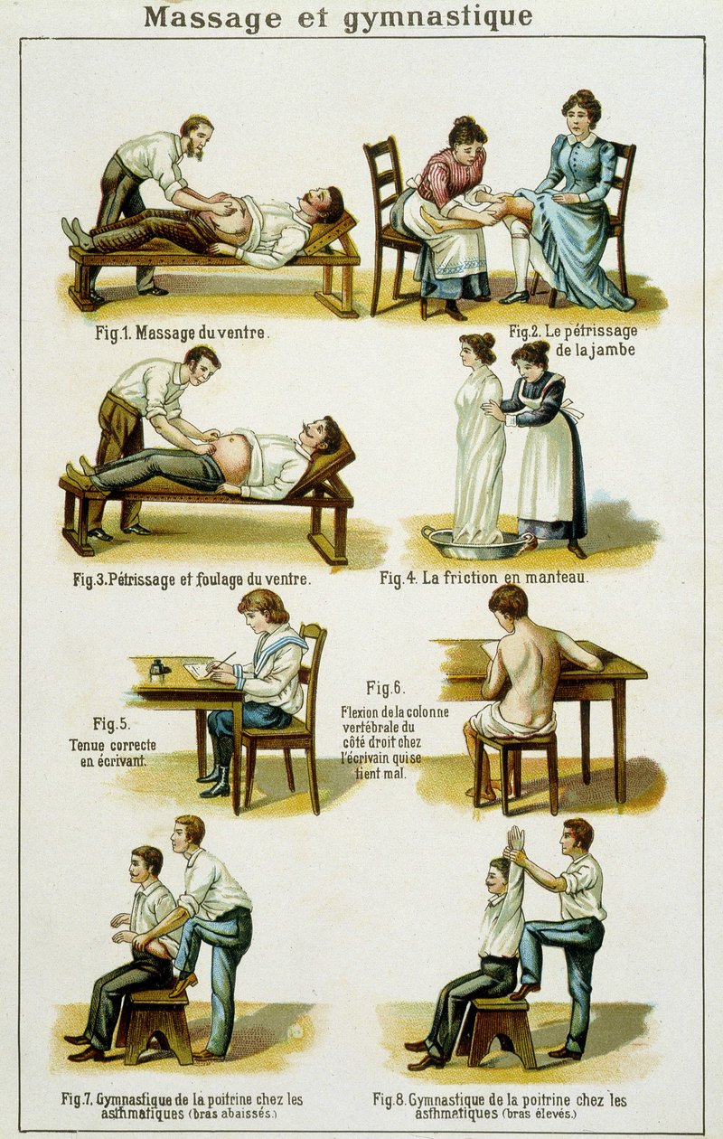 Medicinskiva som illustrerar massage och gymnastik (drag från Bilz, naturlig medicin) sent 1800-tal. av French School