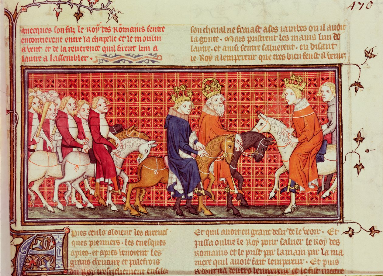 Möte mellan Karl V (1338-80) av Frankrike och den helige romerske kejsaren Karl IV (1316-78) I sällskap av romarnas kung, från Grandes Chroniques de France av French School