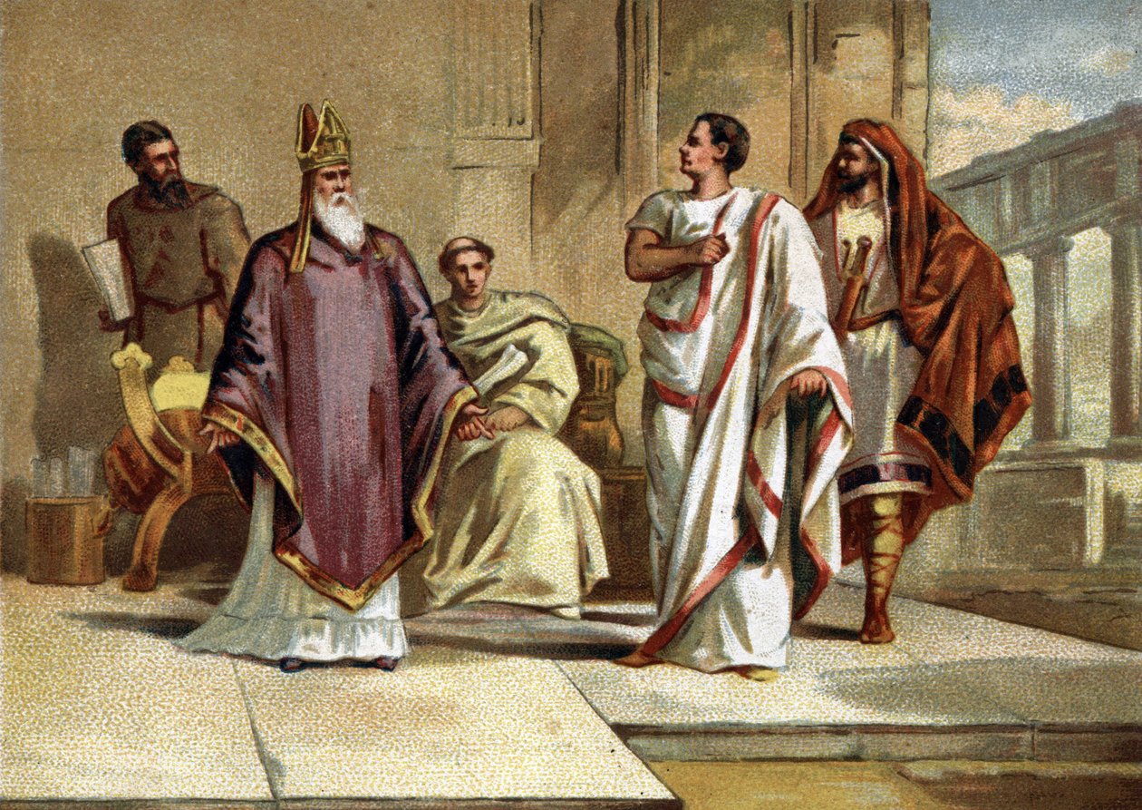 Möte mellan kejsar Flavius Julius Valens (328-378) romersk kejsare och Saint Basil of Cesaree eller Basil the Great (330-379), eveque och kyrkans fader. Kromolitografi från slutet av 1800-talet av French School