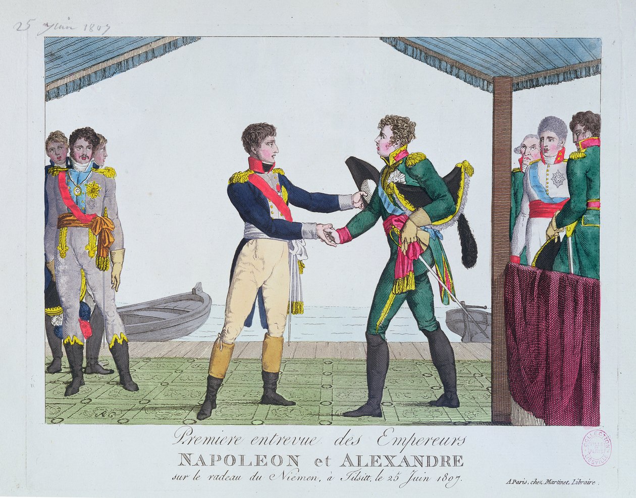 Möte mellan Napoleon I och Alexander I, i Tilsit, 25 juni 1807 av French School
