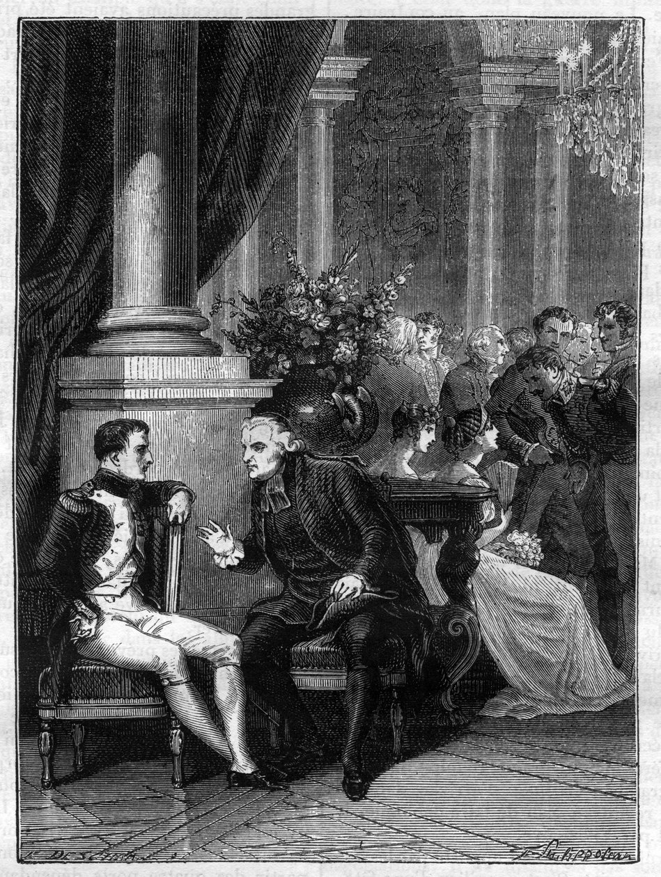Möte i Genes (Genova) i Italien av Napoleon I med kardinal Jean Siffrein Maury (1746-1817) 1805 - i "History of the empire following the history of the consulat"" av Adolphe Thiers - 1879 - privat samling av French School