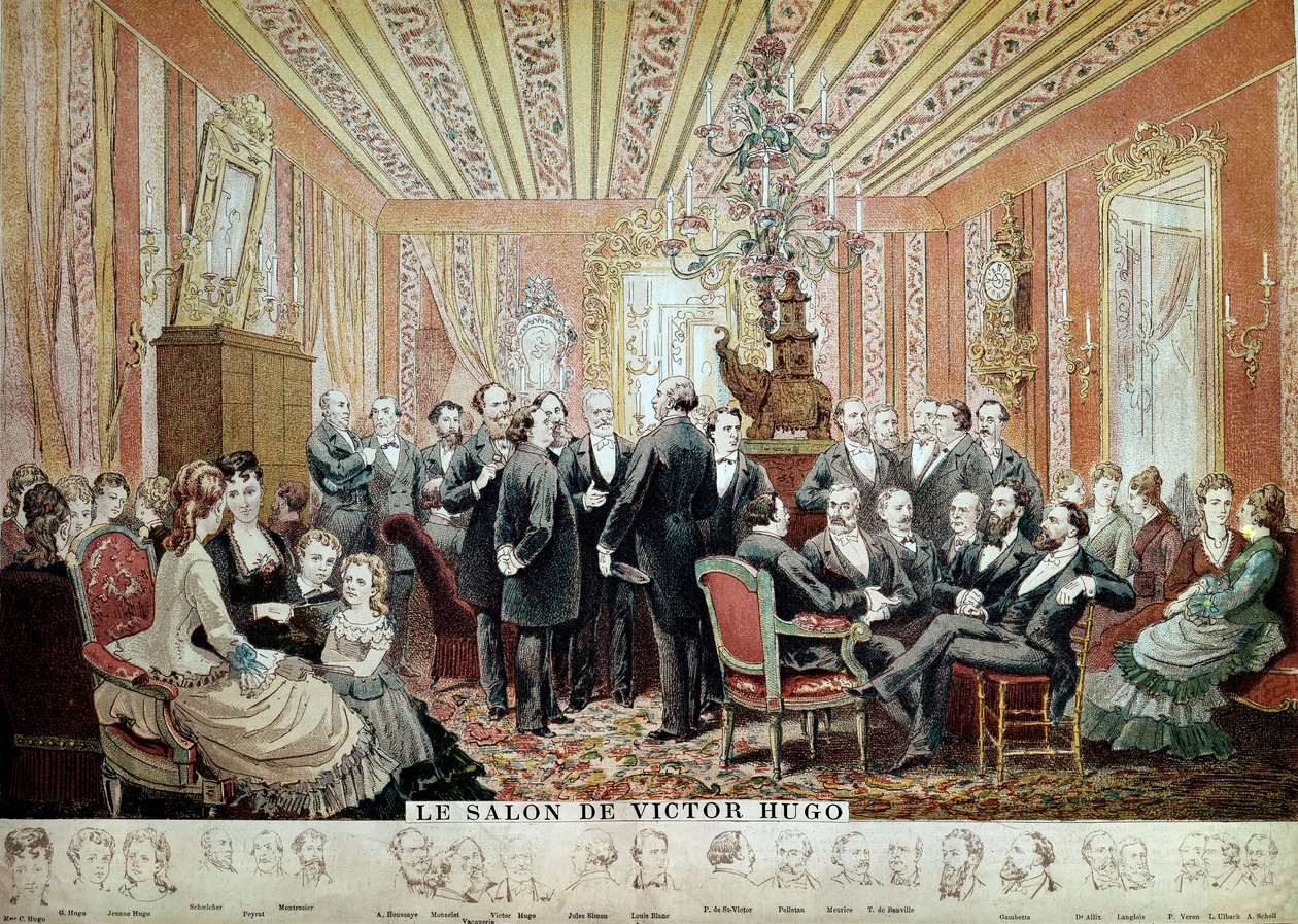 Möte i den litterära salongen i Maison Hugo, Paris, ca 1875 (gravyr) av French School