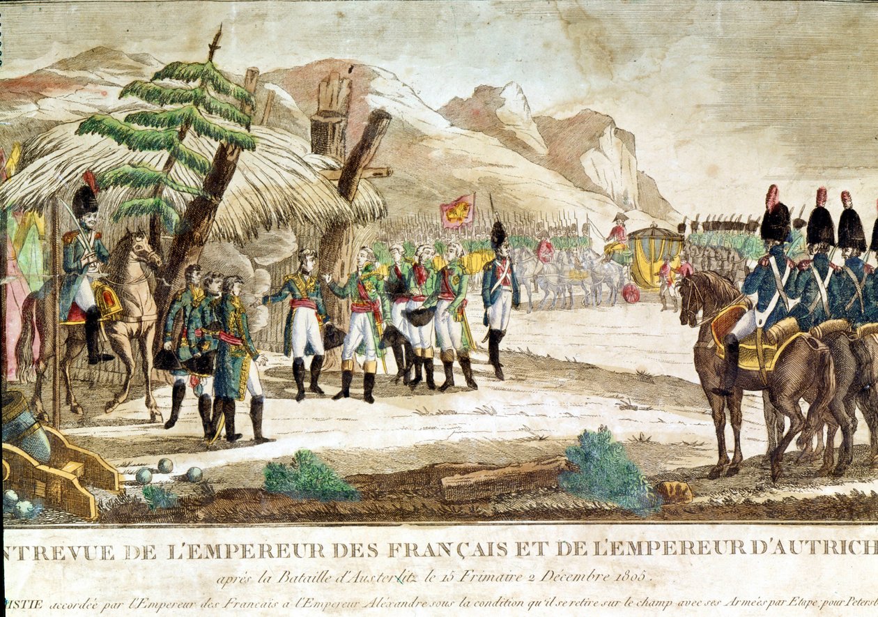 Möte mellan kejsar Napoleon I och kejsare av Österrike, Francois II (1768 - 1835) efter slaget vid Austerlitz den 2/12/1805. av French School