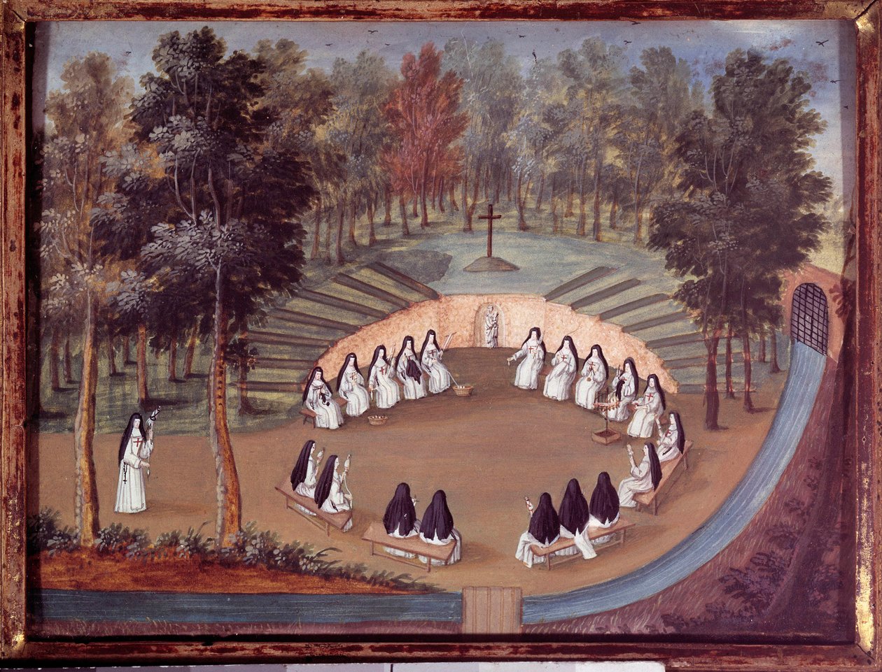 Möte av nunnor på Port Royal des Champs (Port Royal des Champs) i en konferens i ensamhet. Anonym målning från 1700-talet. Port Royal, musee des Granges - Möte av religiösa systrar på "Port Royal des Champs"". Nons församling av Abbey of P av French School