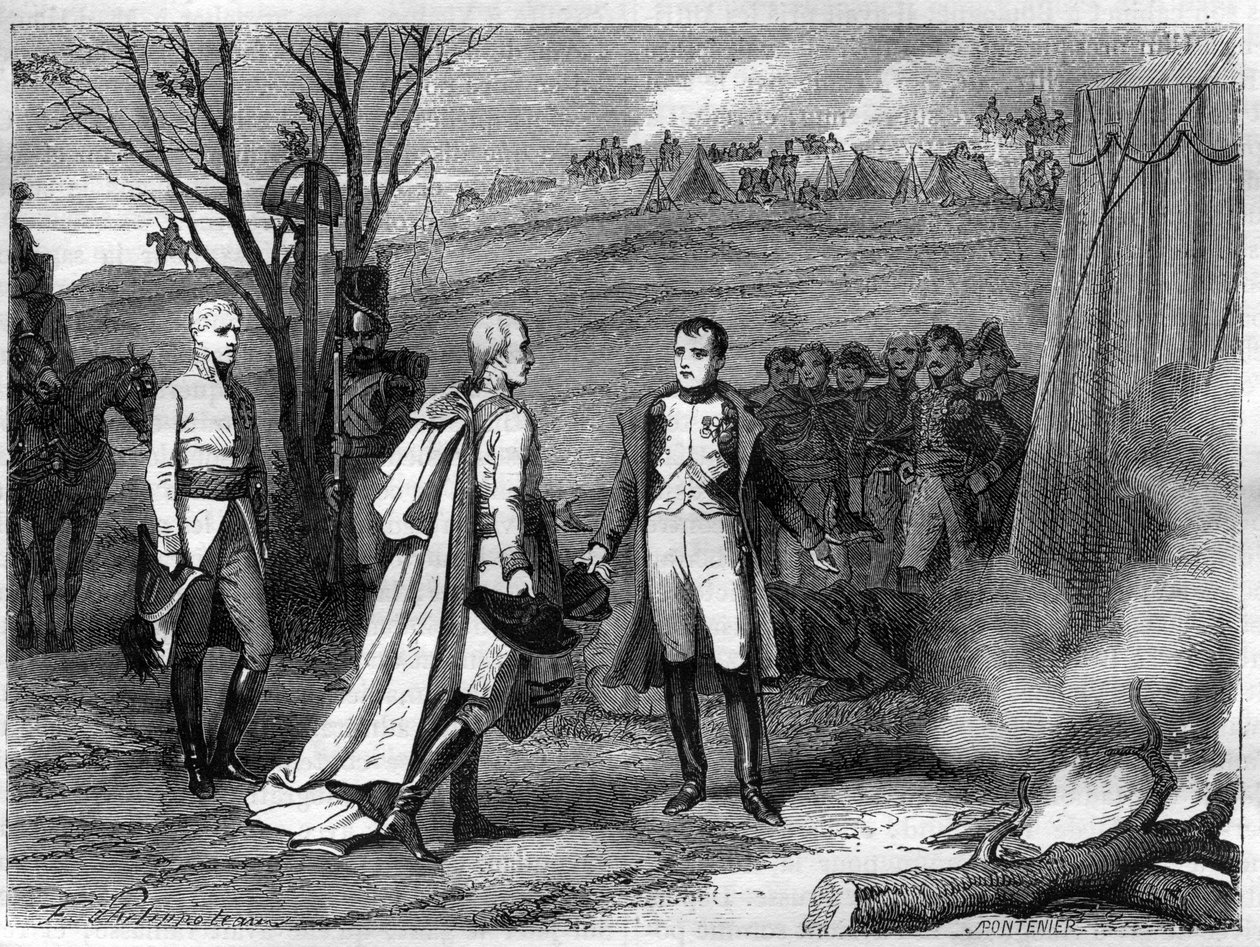 Möte mellan två kejsare efter slaget vid Austerlitz, 4 december 1805 (Napoleon Bonaparte av French School