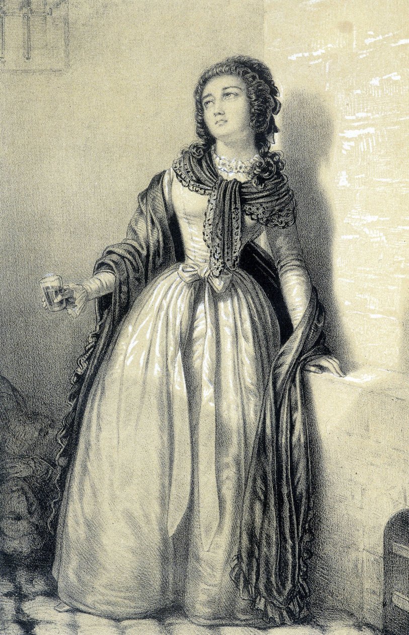 Melle (Mademoiselle) de Sombreuil fängslad i klostret Saint Germain och dricker ett glas blod för att rädda sin far ur revolutionärernas händer - i "Galerie historique de la Revolution Française"" av Albert Maurin, red. Paris 1843 av French School