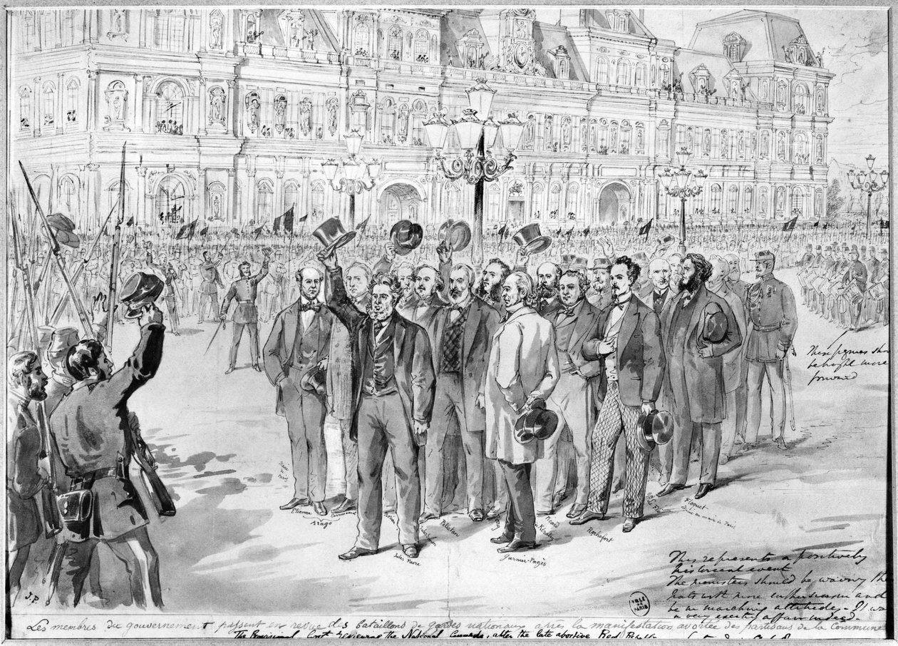 Medlemmar av den provisoriska regeringen granskar nationalgardet utanför Hotel de Ville i Paris den 31 oktober 1870, ca 1870 av French School