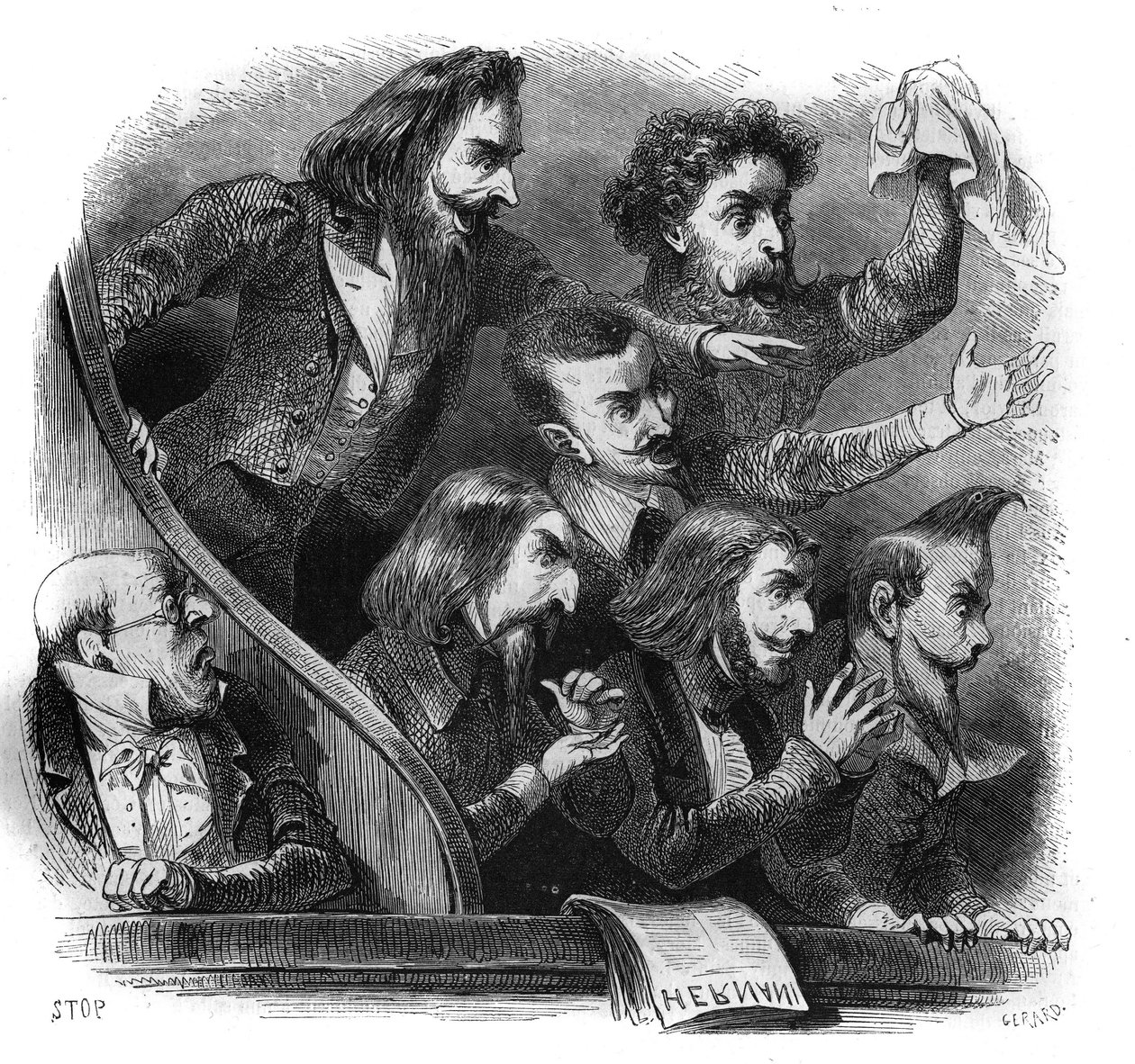 Medlemmar av den romantiska litterära rörelsen närvarade vid den första representationen av Victor Hugos verk "Hernani" (1802-1885) på Comedie Francaise i Paris, 25 februari av French School