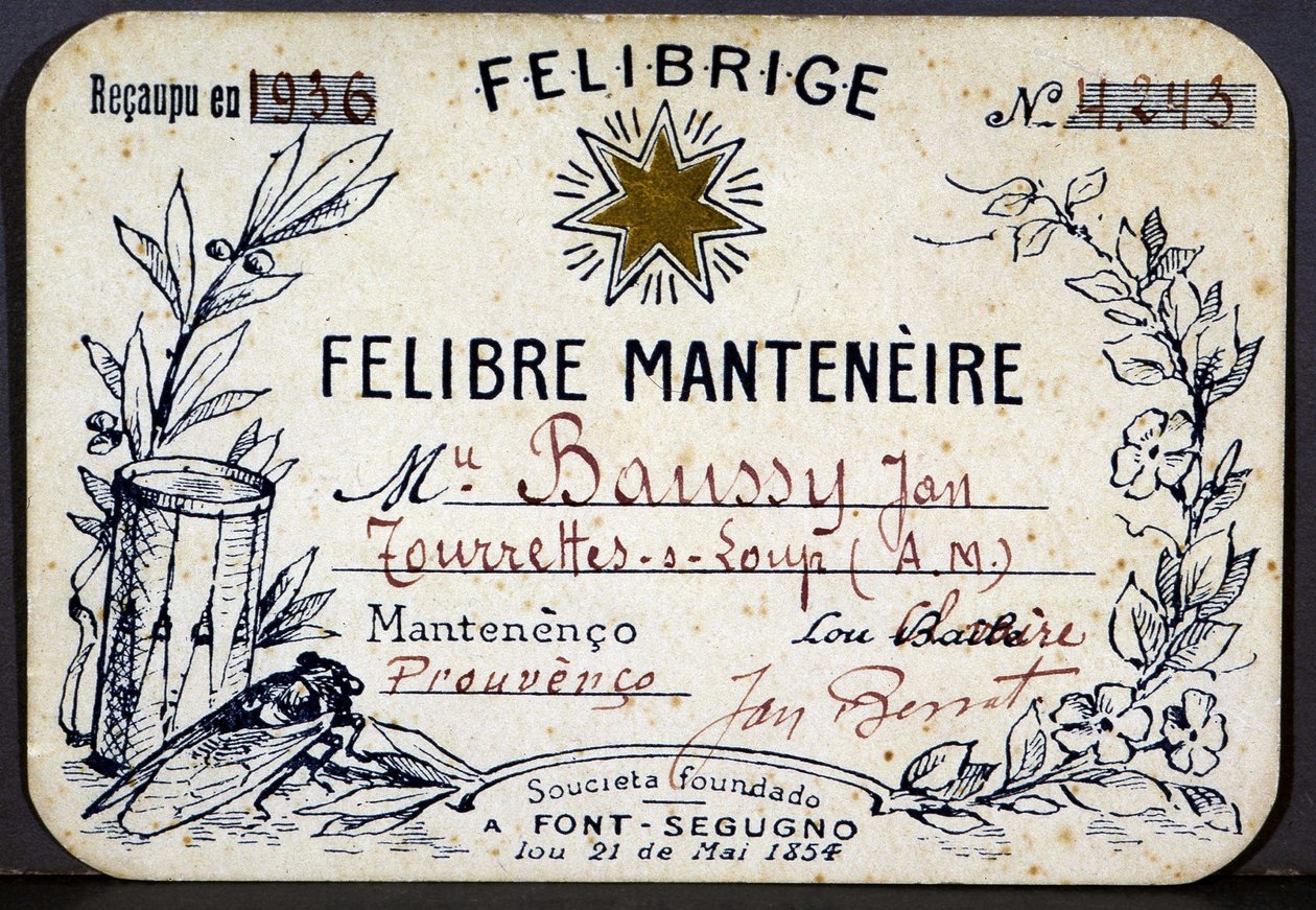 Medlemskort av Jan Baussy på Felibrige, Felibre Association av French School