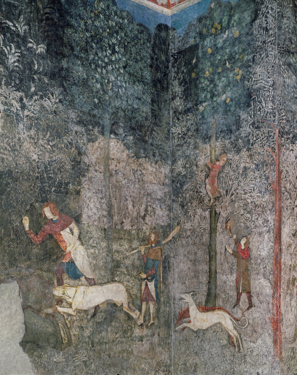 Män som jagar med hundar, detalj från La Chambre du Cerf (Stag Room) 1343 av French School
