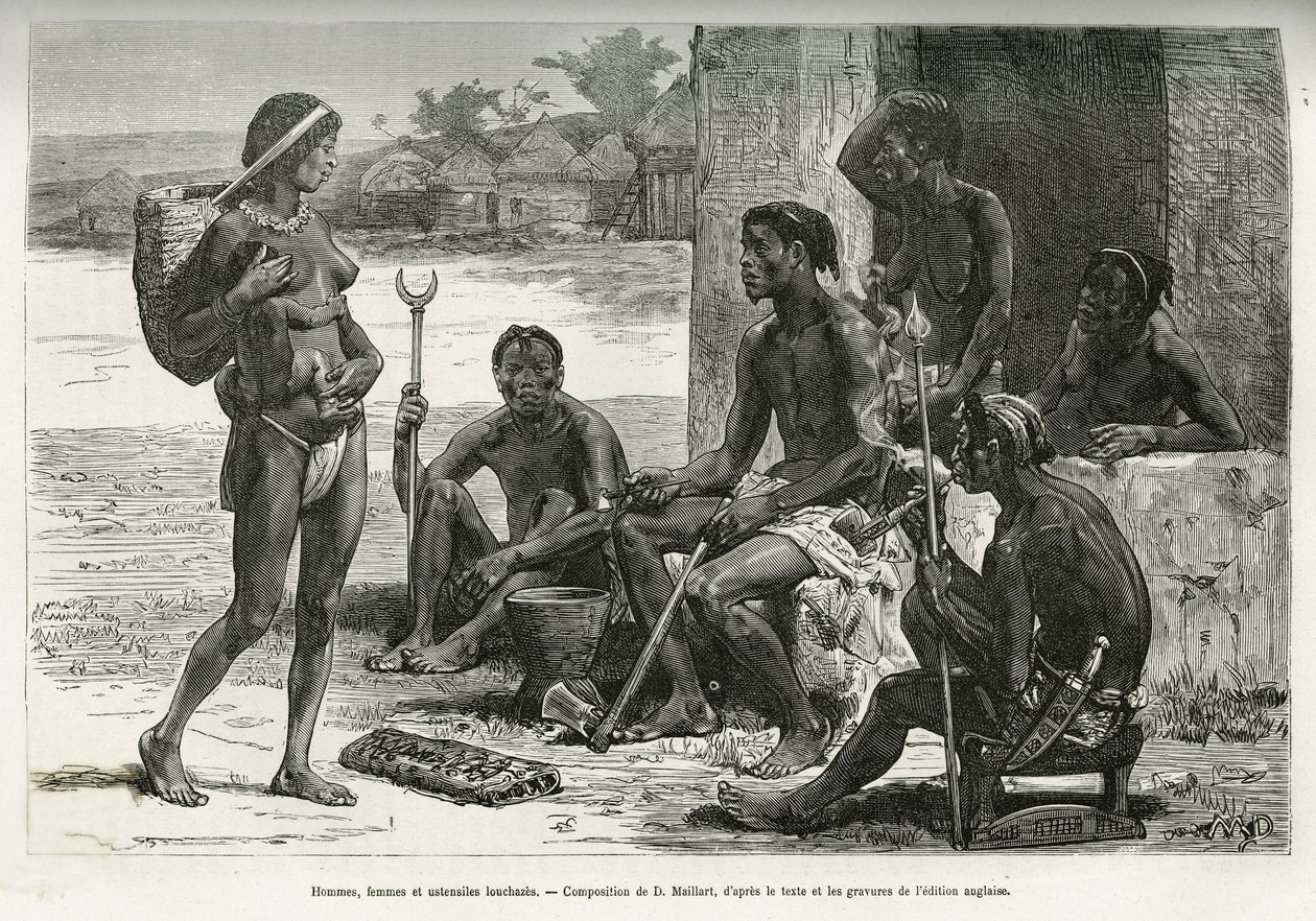 Män, kvinnor och redskap (Bihe-regionen, Rwanda). Gravyr av D.Maillart, för att illustrera berättelsen om hur jag korsade Afrika, från Atlanten till Indiska oceanen, av major Serpa Pinto, 1877-1878, publicerad i Tour du monde, under ledning av Ed av French School