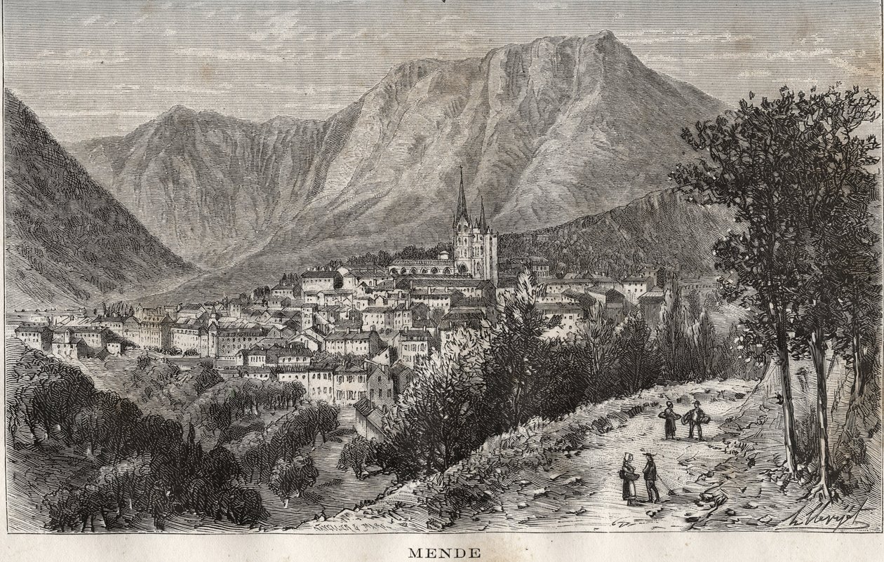 Mende - Lozere i regionen Languedoc-Roussillon - gravyr i "La France illustrée: geografi, historia, statistisk administration" av V.-A. Maltbrunt. 1884 av French School